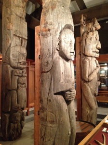 Unpainted totem poles carved by Natives in the 19th century and now preserved by the Totem Heritage Center in Ketchikan