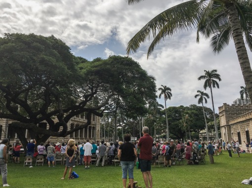 ʻIolani Palace grounds during the Friday noontime performance by the Royal Hawaiian Band draws an appreciative public